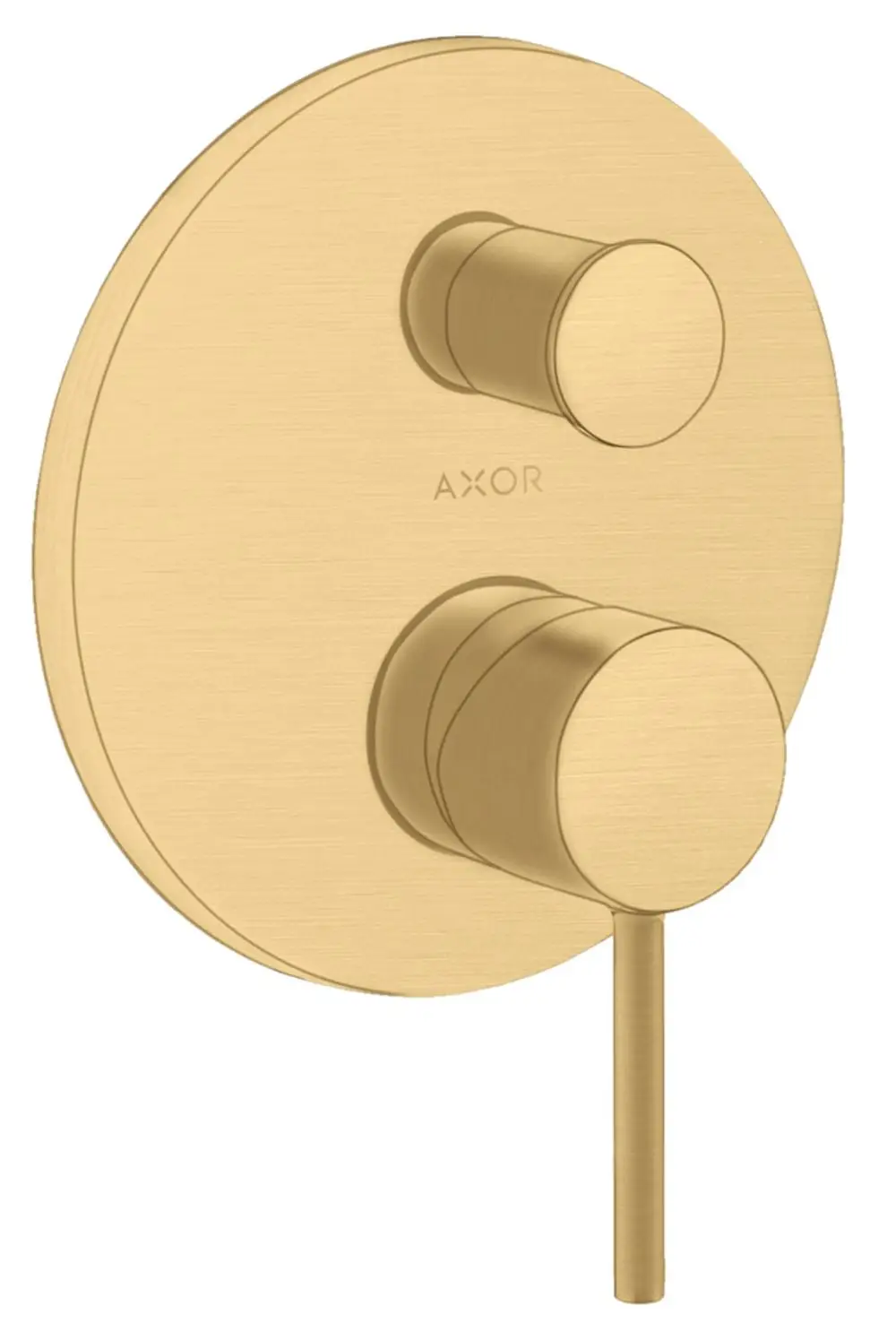 Unterputz-Wannenmischer mit zwei runden Griffen in Brushed Gold Optic, gefertigt von AXOR, mit integrierter Sicherung nach EN1717 sichtbar.